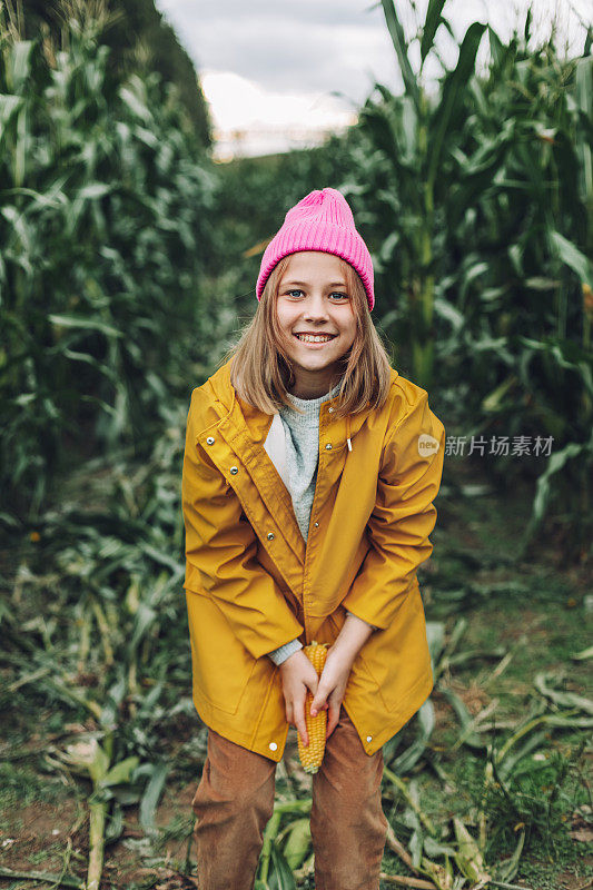 有趣的小女孩穿着黄色雨衣，戴着一顶粉红色的帽子，在玉米地里糟蹋和咬玉米