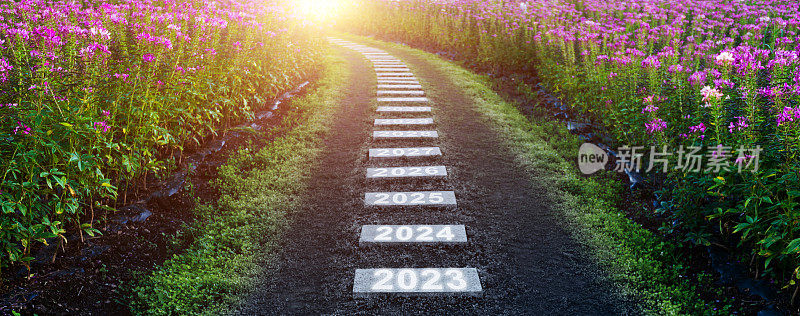 2023年和2024年到2034年的新年编号在石头通道上