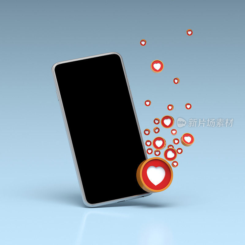 社交媒体上一篇帖子上的智能手机上有心形图案，象征“赞”
