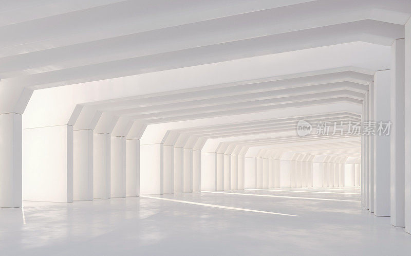 抽象的白色走廊与极简主义的建筑，明亮的阳光投射光束和阴影