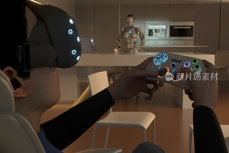 人们玩VR游戏，机器人做家务