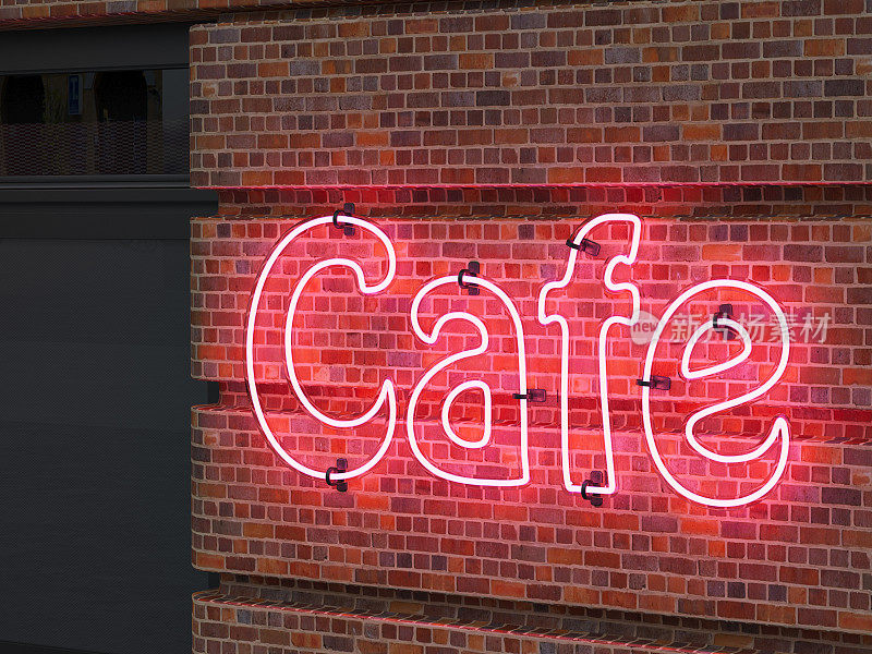 砖墙上的霓虹灯咖啡馆招牌