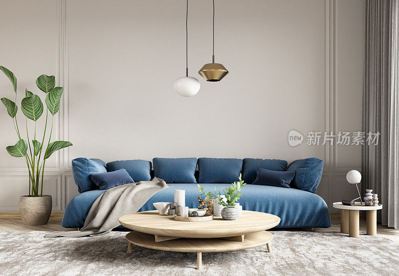 现代室内设计的客厅与蓝色沙发和木制咖啡桌。家庭内部与地毯。三维渲染
