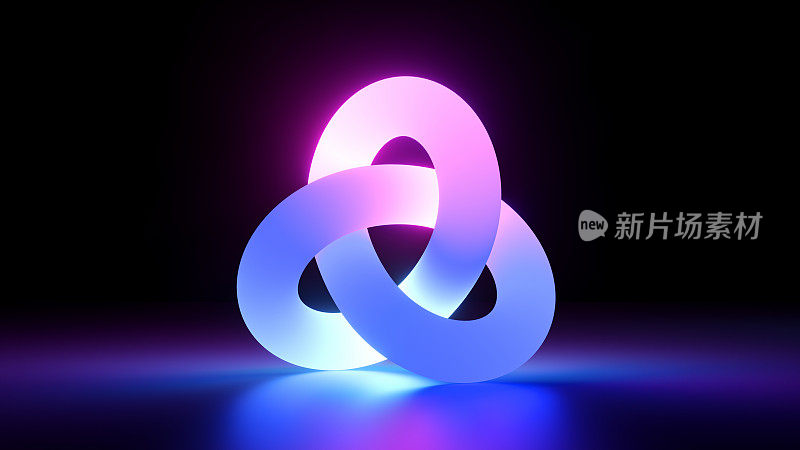 3d渲染，粉紫色霓虹灯纠结的几何形状在黑暗中发光。抽象的极简主义背景与无限符号。无尽循环彩带