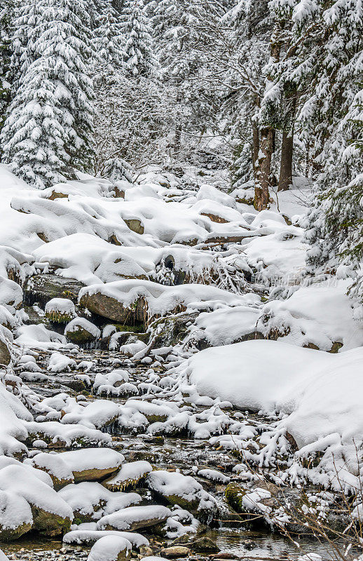 小河在白雪覆盖的岩石上流淌