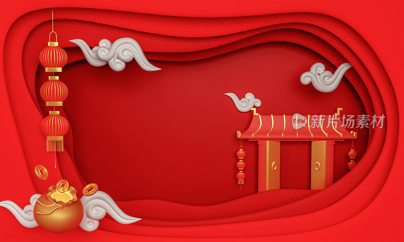 中国新年2023年兔年。中国生肖模板，海报横幅传单中国新年中国寺庙大门和复制空间。3D渲染图