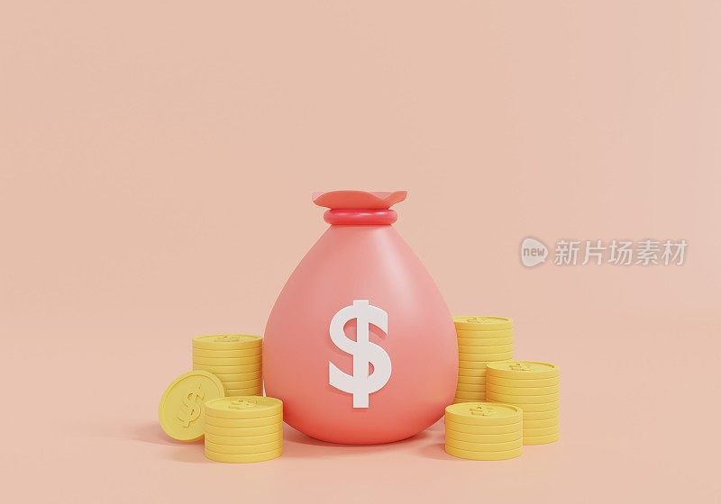 钱包孤立在粉红色的背景。省钱的概念。象征储蓄的目标。投资和商业。金钱管理。储蓄和钱袋图标。Dollar.3D渲染、插图