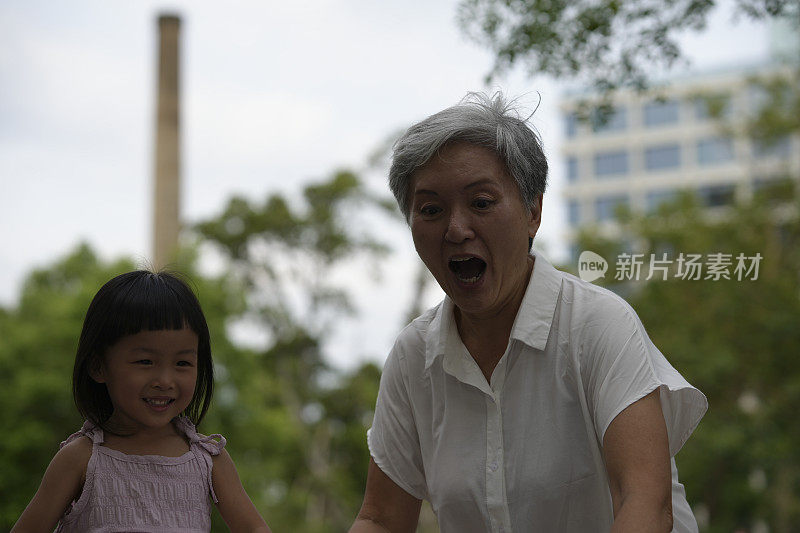 与亚洲祖母和孙子孙女在户外的美好时光