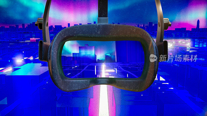 3D图像显示了虚拟现实耳机和来自超世界的未来城市