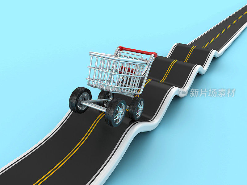 3D道路与车轮上的购物车