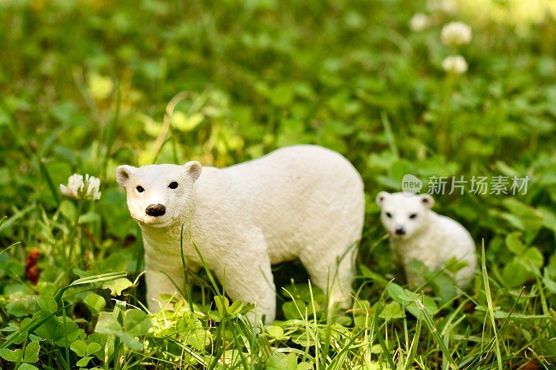 草地上的白北极熊玩具。