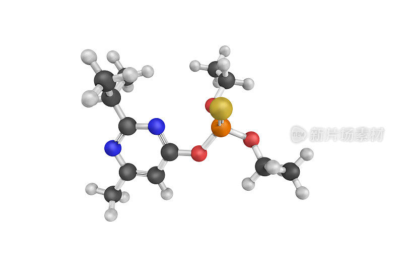 三嗪农的三维结构，一种无色至深棕色的液体。它是一种非系统性有机磷杀虫剂，以前用于控制蟑螂、蠹虫、蚂蚁和跳蚤