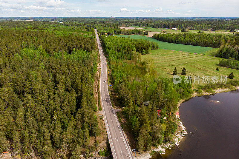 芬兰Kymijoki河附近科沃拉公路的航拍全景图。