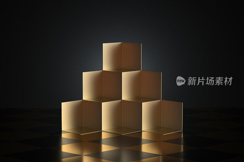 金色立方体形状舞台，3d渲染