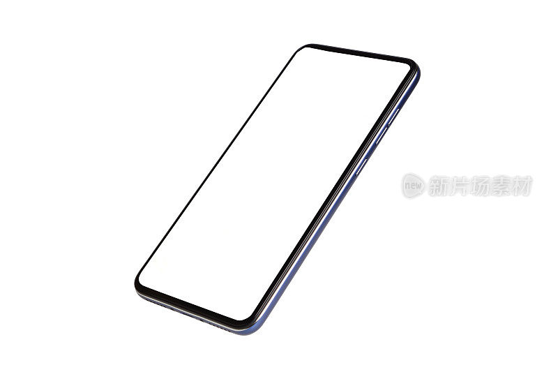 侧视图的空白屏幕智能手机孤立在白色背景与剪切路径，空白屏幕的触摸屏手机