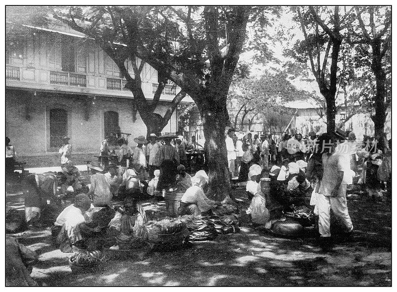 古董黑白照片:市场，Cavite，菲律宾