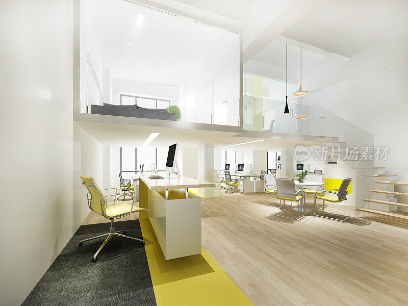 3d效果图商务会议和带楼梯的黄色工作室