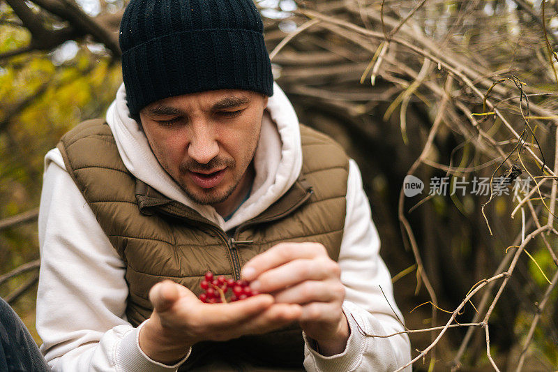 一个沉思的饥饿游客坐在森林里的树下，手里拿着野生的红色浆果，在阴雨天看着它们。