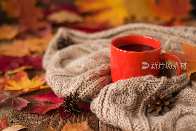 秋天的明信片。一杯咖啡，一条编织温暖的围巾，秋叶。