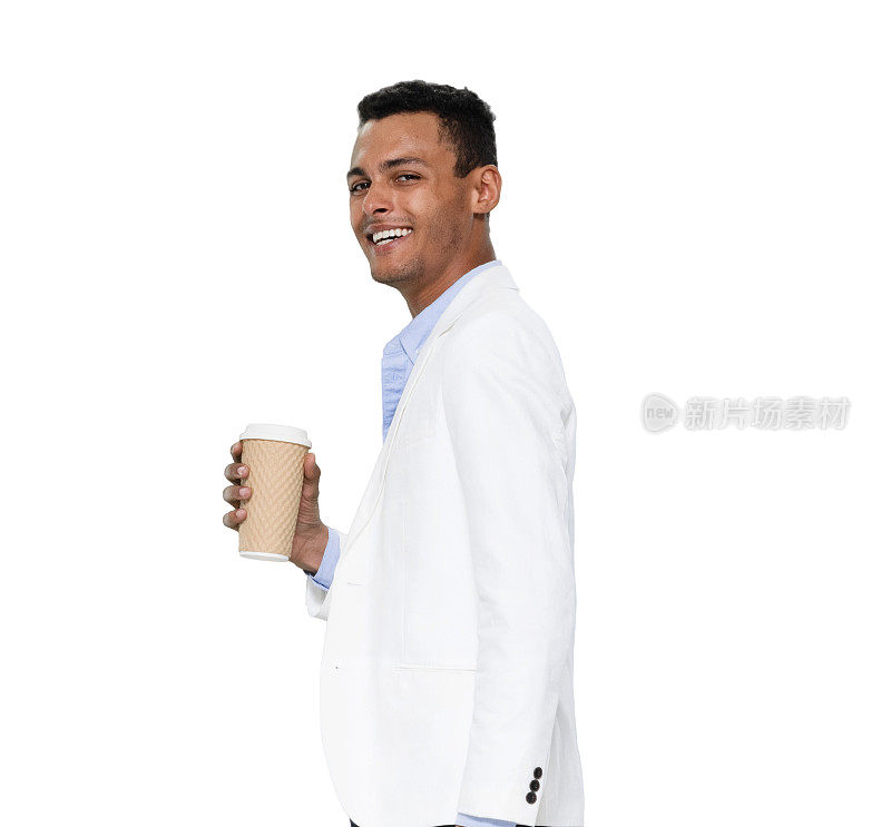 非裔美国男性，背景为白色，身穿衬衫，手拿公文包
