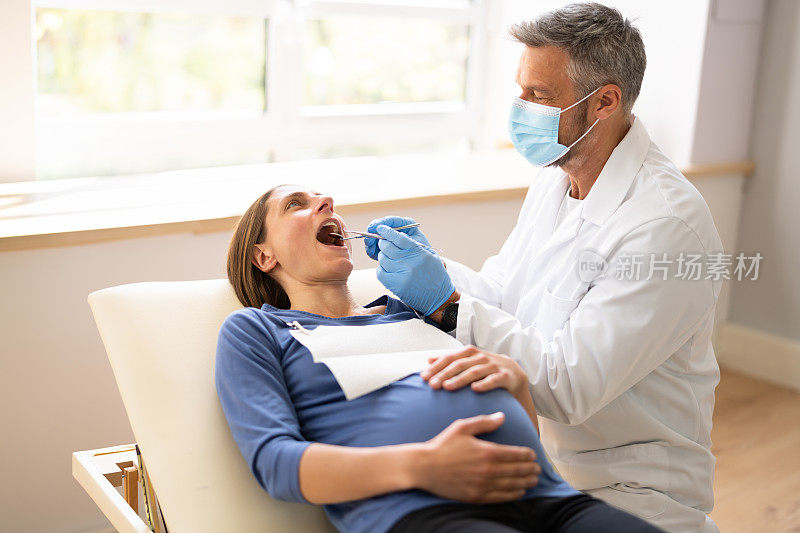 男性牙医治疗年轻孕妇的牙齿