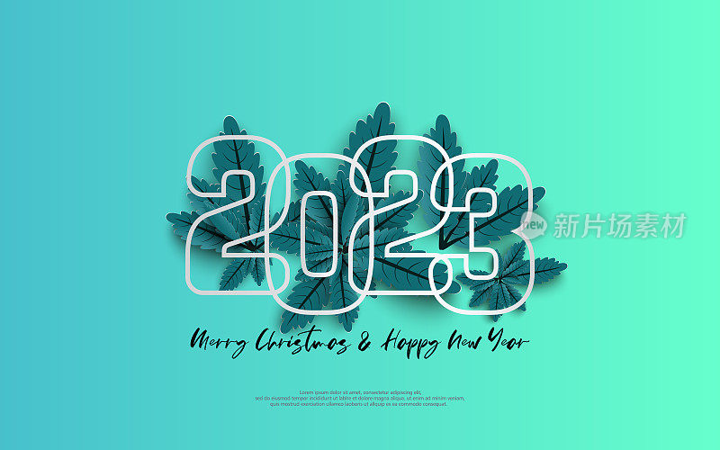 2023年新年快乐，圣诞快乐。在蓝色渐变背景上的一组蓝色叶子上设计数字轮廓。