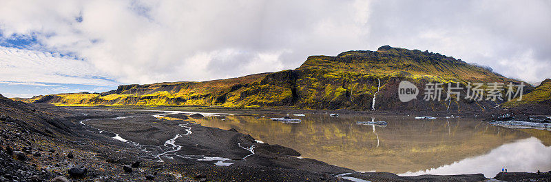 Sólheimajökull冰岛南部的冰川泻湖和山脉全景图