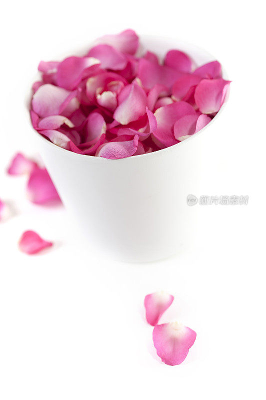 装满粉红玫瑰花瓣的花瓶