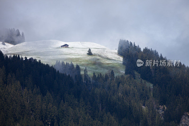 山坡上的瑞士农舍，春雪初霁