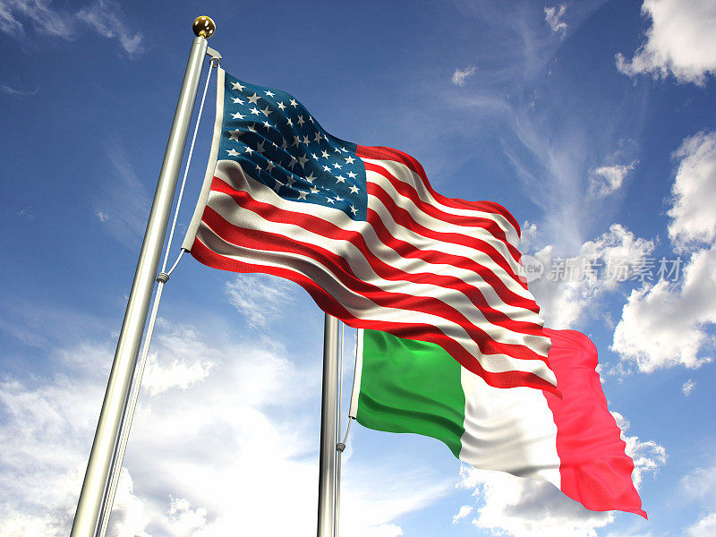 美国和意大利的国旗在天空中飘扬