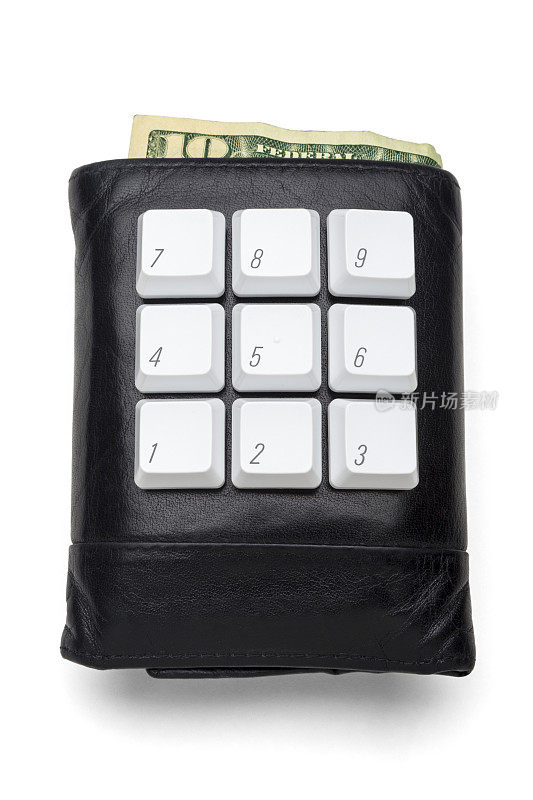 黑色钱包，白色键盘数字键和10美元钞票
