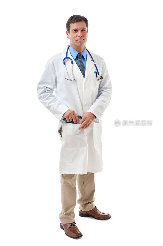 身穿白大褂的医生和听诊器被隔离在白色背景上