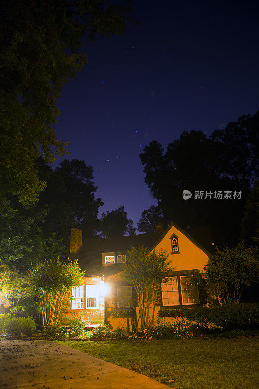 星星在夜晚的天空，在树和房子上面