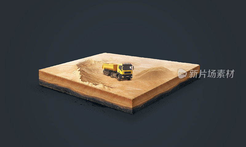 一个土壤切片的3d插图，自卸车在采石场孤立在黑暗的背景