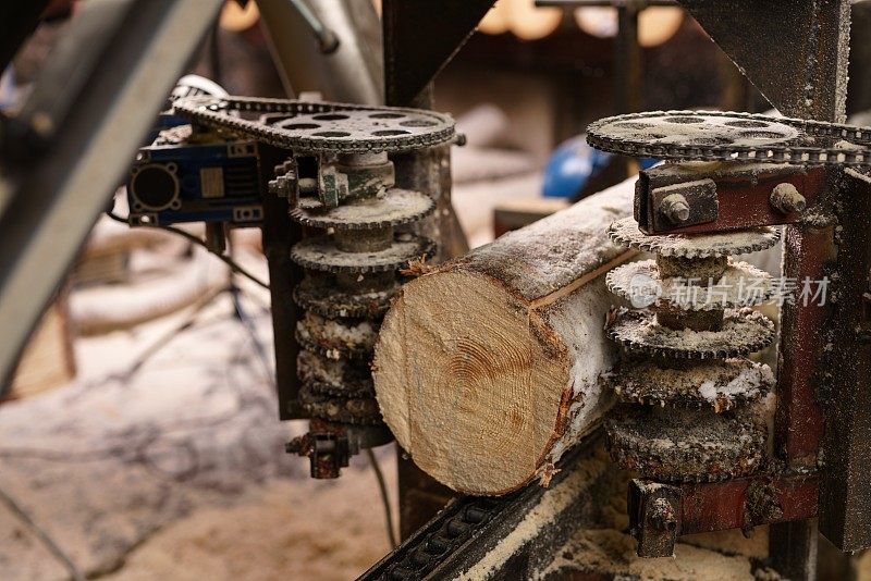 在锯木厂锯木头的机器图像