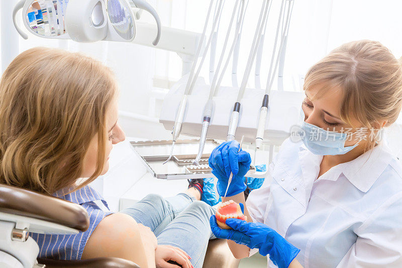 牙医向年轻女性病人演示模型牙齿