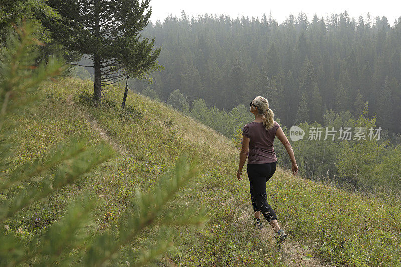 女性徒步旅行者沿着小路行走