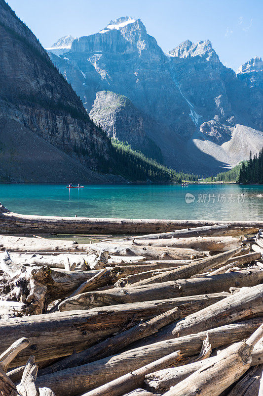 加拿大阿尔伯塔省班夫国家公园的冰碛湖位于加拿大落基山脉的十峰谷。原木和浮木前景
