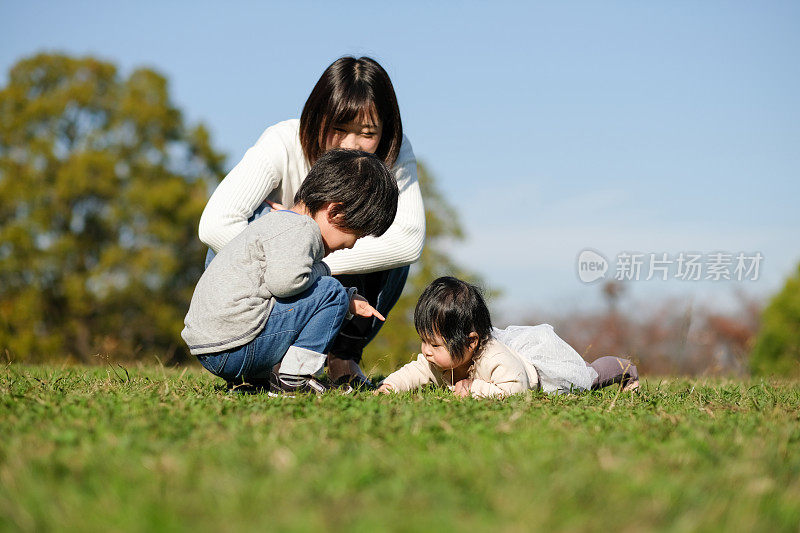 妈妈，婴儿和蹒跚学步的孩子在公园的草地上玩耍