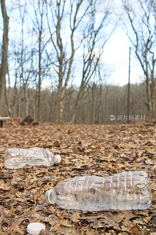 废弃的塑料水瓶沿着森林徒步旅行的小径