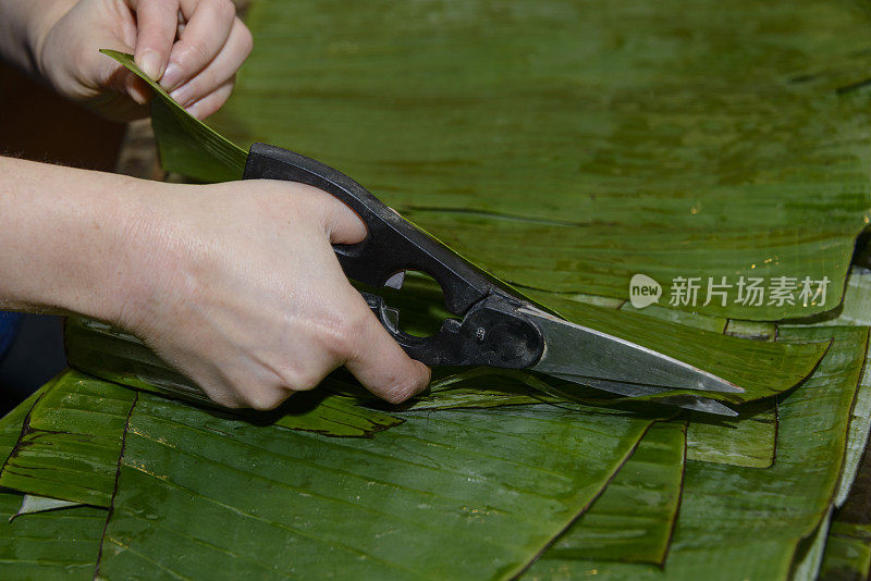 年轻女子正在切香蕉叶做玉米粉蒸肉