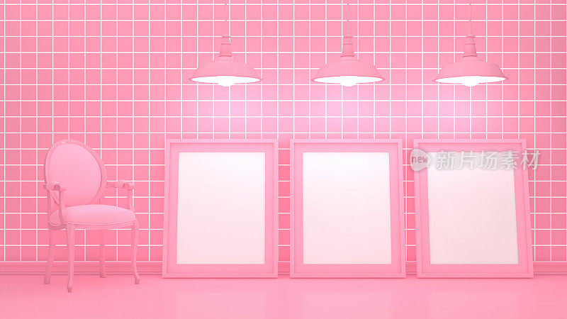 客厅，空框架和扶手椅与格子图案粉色墙