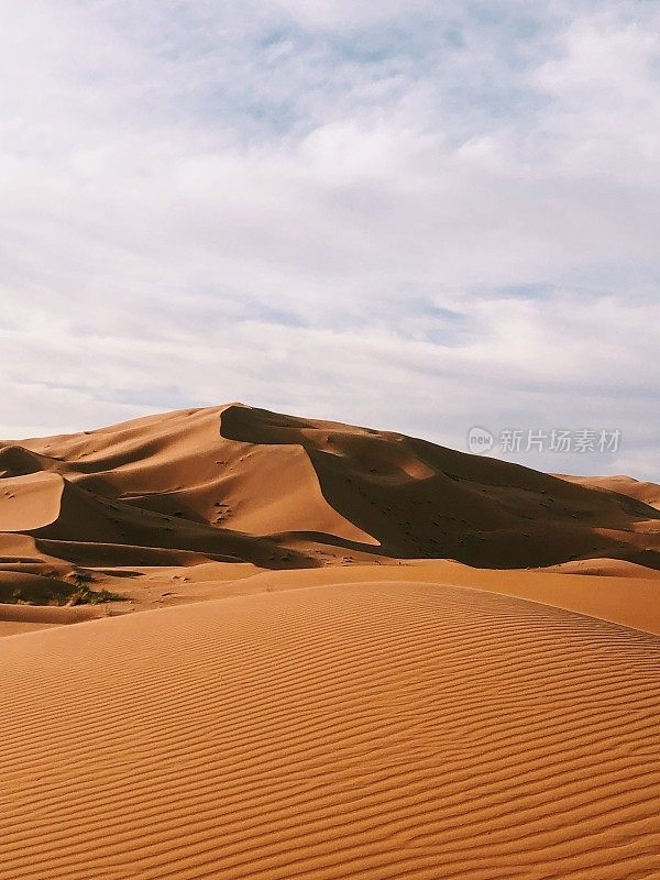 撒哈拉沙漠的日出。巨大的橙色沙色沙丘和多云的天空在Merzouga沙漠，摩洛哥。