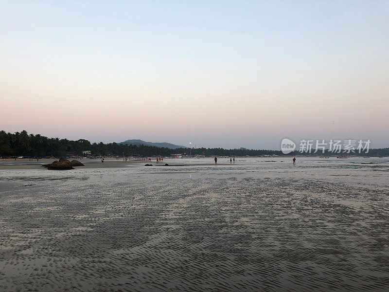 印度热带海滩的形象，与游客的冬季度假日光浴，在沙滩上散步，在大海中游泳，海岸线与异国情调的高大椰子树，度假的度假者与蓝天背景的帕洛伦海滩，印度果阿