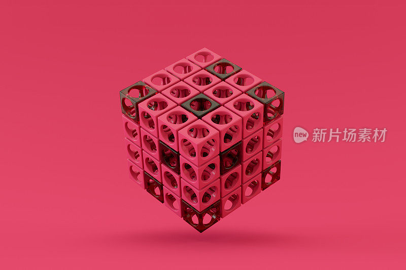 抽象飞行立方体，几何形状背景，Viva品红