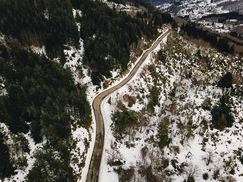 森林中道路的鸟瞰图，两侧有雪