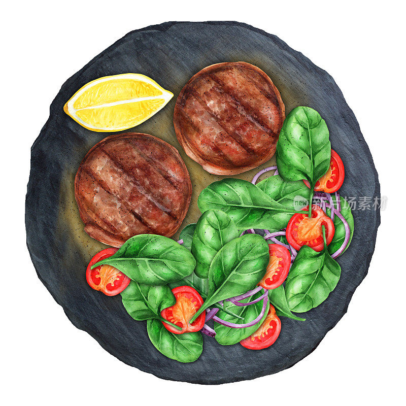 midallion和沙拉菠菜石板。水彩插图