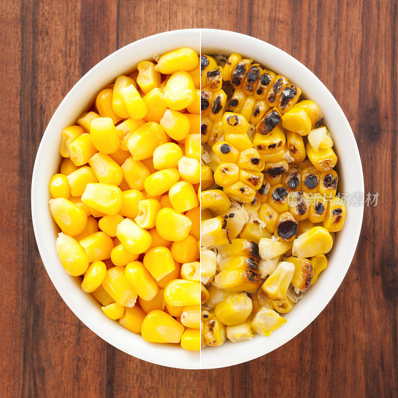 煮熟的玉米粒和烤熟的玉米粒组成