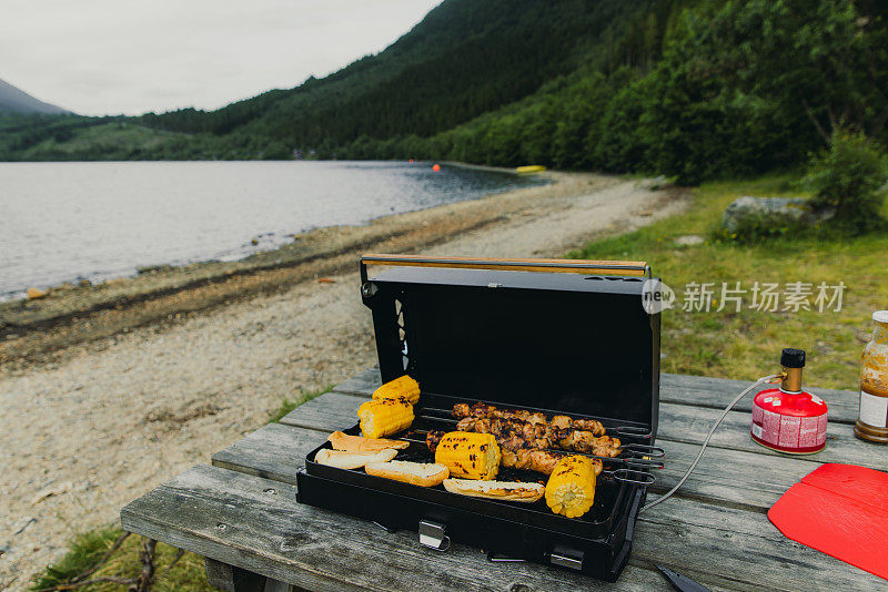 在夏季与风景秀丽的湖景户外烧烤