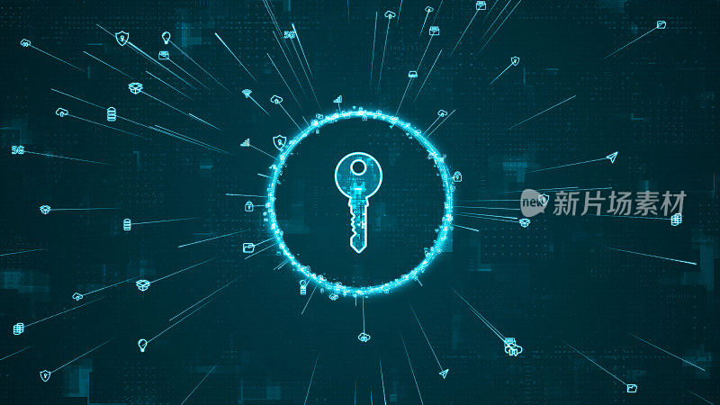 蓝色数字安全密钥标志和环形旋转围绕标志与ai图标蔓延和线条链接在抽象背景与网络防火墙技术和数据安全的概念